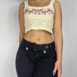 Lucy Women's Cream and Yellow Floral Crochet Sleeveless Backless Blouse
